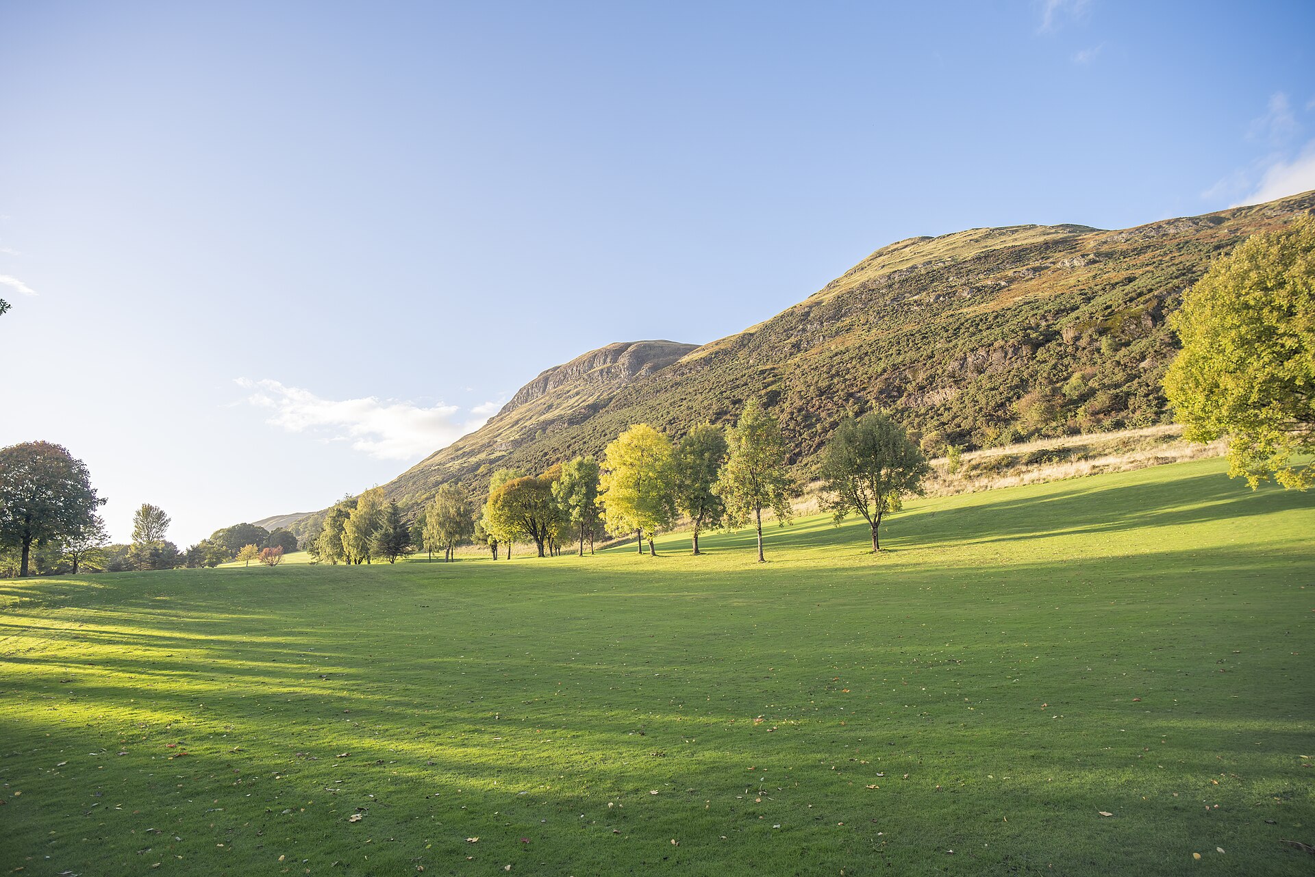 A broad expanse of mown grass on a Scottish golf course in low autumn sun, a line of trees across the middle distance and a green hillside rising behind, with no golf furniture visible.